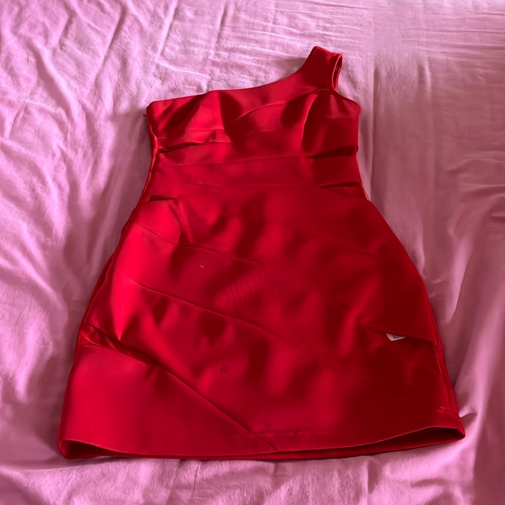 Red one shoulder dress with mesh cutouts